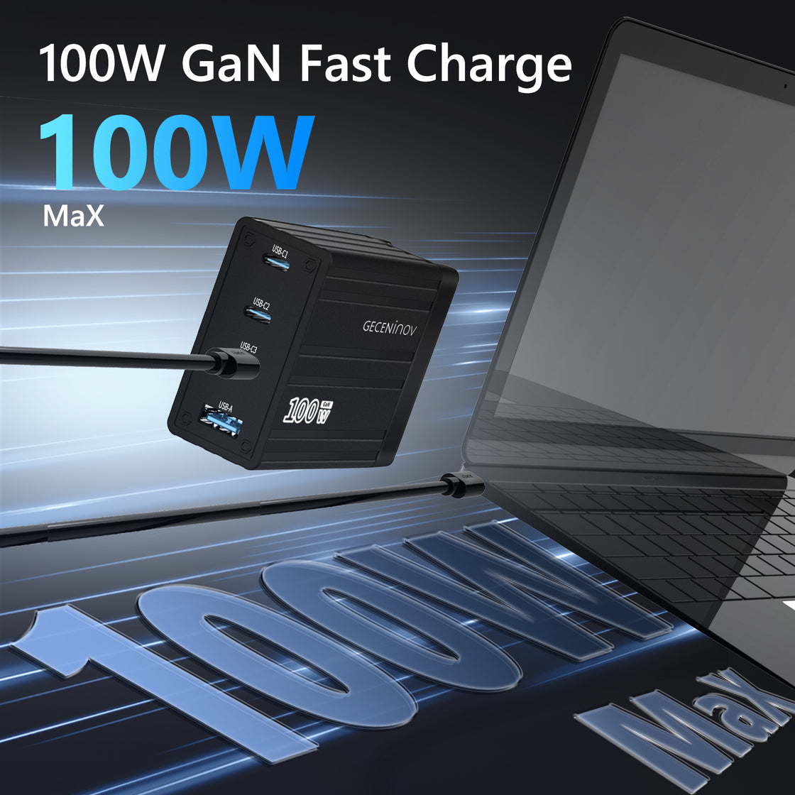 Geceninov 100W USB C  Fast Charging Block 4 Ports GaN Charger 1A+3C
