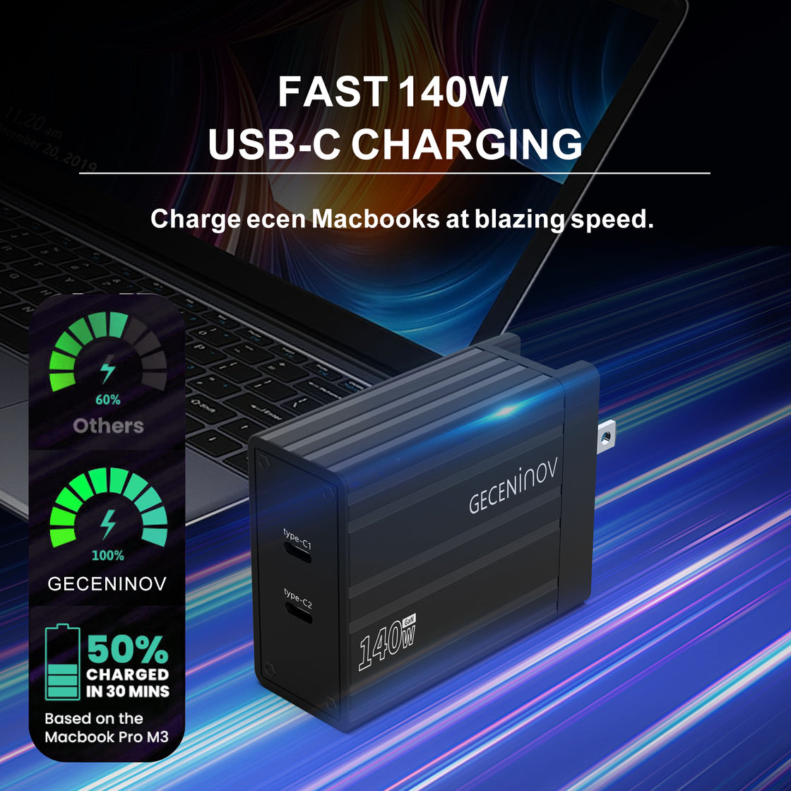 Geceninov 140W USB C  Fast Charging Block 2 Ports GaN Charger 2USB-C