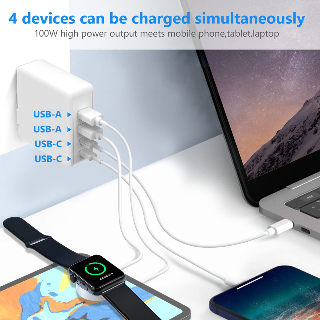 Geceninov 100W USB C Wall Charger,4 Ports GaN Fast Type C Charger 2A2C
