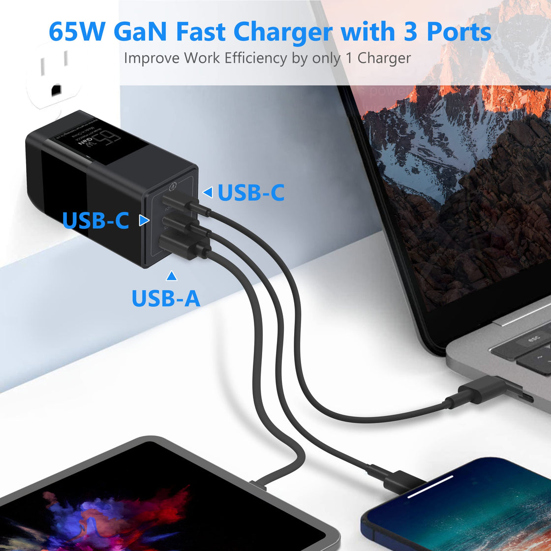 Geceninov 65W USB C Laptop Charger GaN USB-C 3 Port Fast Charger